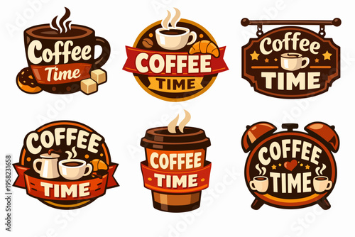 Collection of stylized coffee time labels and badges with cups, mugs, croissants, and steaming drinks, offering breakfast and cafe concepts