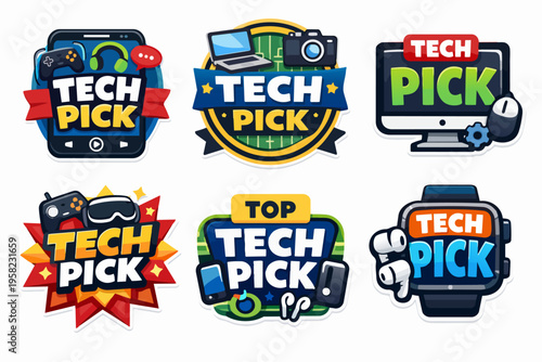 Tech pick badges set with electronic devices recognizing best technology products and gadgets