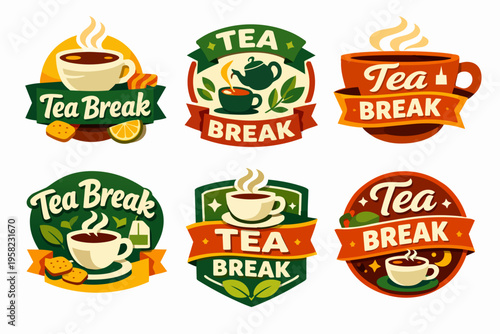 Set of vector tea break badges and emblems featuring mugs, teapots, leaves, and cookies, ideal for cafes and branding