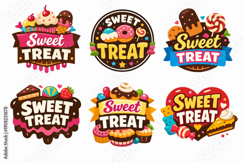 Sweet treats label collection with cupcakes, donuts, candy, and ice cream creating colorful dessert icon set