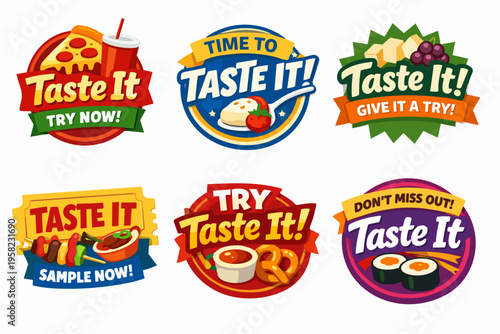 Flat design tasting badge collection promoting food and drink, encouraging sampling and trying new dishes
