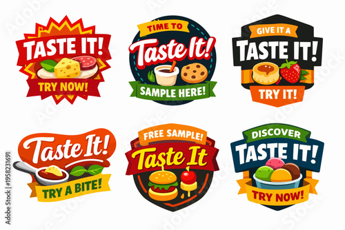 Collection of colorful badges presenting taste it! calls, encouraging customers to sample different sweet and savory food products