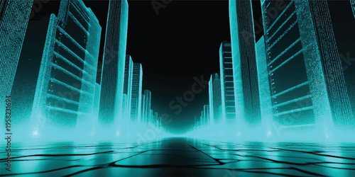 Blue water fountain illuminates the night city skyline and urban architecture of downtown Chicago featuring majestic skyscrapers and a business district scene