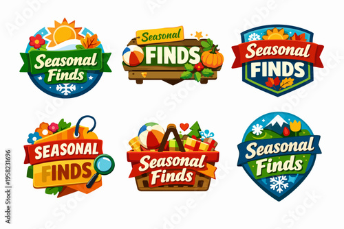 Seasonal finds badge collection featuring marketing labels with elements representing summer, autumn, winter, and spring