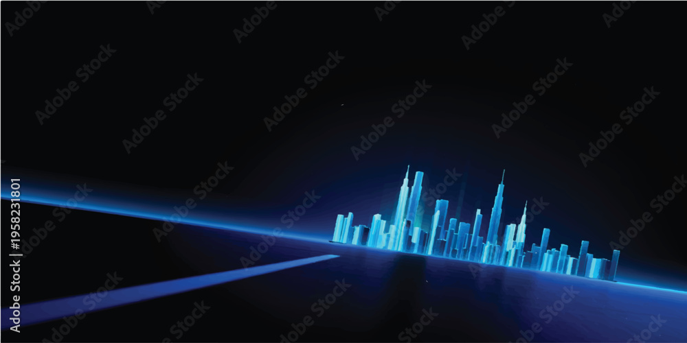 Naklejka premium An abstract blue digital background featuring a music equalizer and financial growth bar chart vector over a technology city skyline design symbolizing business market success