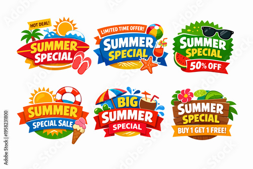 Set of colorful summer special sale badges offering promotional discounts, hot deals, and limited time offers