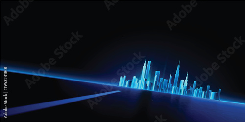 An abstract blue digital background featuring a music equalizer and financial growth bar chart vector over a technology city skyline design symbolizing business market success