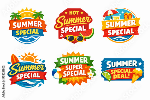 Colorful summer special deal badges and labels offering seasonal discounts and promotions for stores