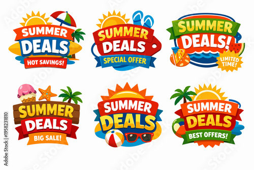Set of summer deals banner labels featuring sun, beach umbrella, flip flops, ice cream, palm tree, and beach ball