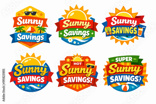 Sunny savings labels collection offering summer sale discounts and holiday promotions with beach elements