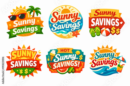 Sunny savings and summer sale badges collection offering seasonal discounts and promotions