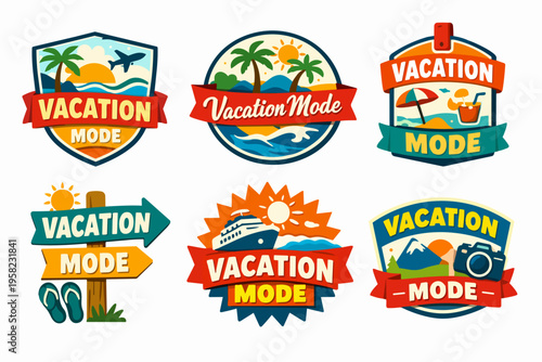 Collection of vacation mode badges and emblems. Illustrating summer travel, beach relaxation, cruise trips, and mountain expeditions