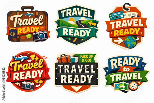 Travel ready concept stickers set: luggage, camera, airplane, passport, and globe icons for adventure and tourism