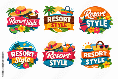 Resort style labels set with summer beach vacation elements, tropical holiday badges for travel and tourism