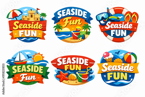 Seaside fun summer vacation badges with beach elements and sea activities for travel and holidays