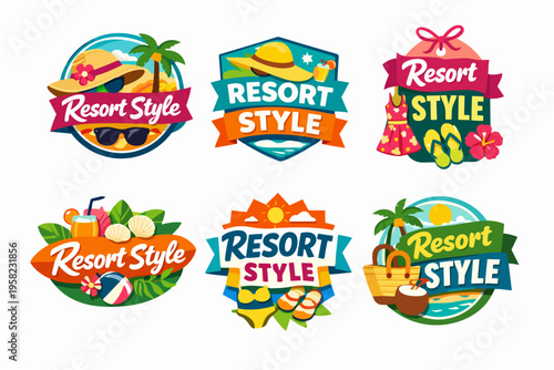 Collection of resort style badges depicting summer symbols, holiday items, and tropical elements in a flat illustrative design