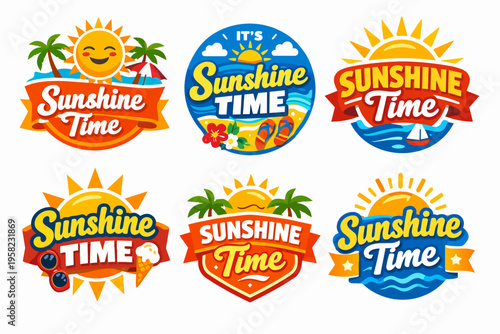 Collection of summer labels and badges with sunshine time typography, tropical elements, and sun illustration