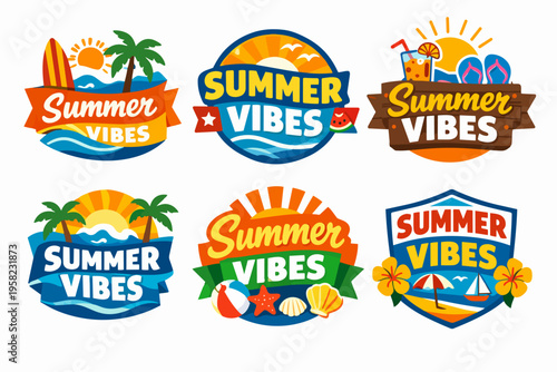 Summer vibes collection offering tropical beach elements, vacation emblems, and holiday getaway concepts