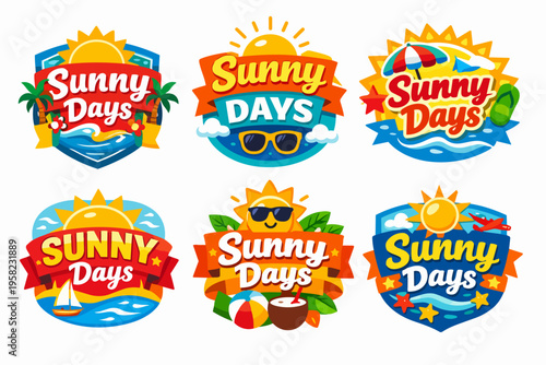 Sunny days summer vacation badges and travel labels set with beach, ocean, sun, and holiday resort elements