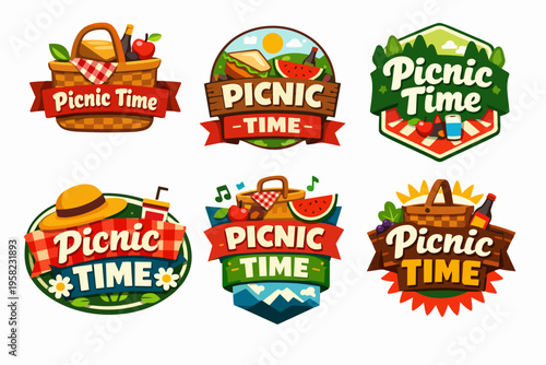 Picnic time badges set depicting outdoor leisure, food, nature, and summer recreation concepts