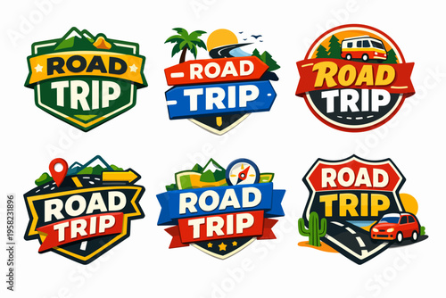 Road trip badges collection featuring travel symbols, vacation vehicles, and adventure signs on white background