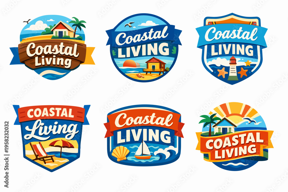 Obraz premium Coastal living badges illustrating beach houses, lighthouses, sailboats, and summer vacation concepts