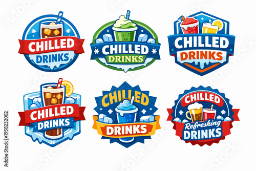 Chilled refreshing drinks logos collection. Cold beverage and cocktail labels with ice for summer promotion