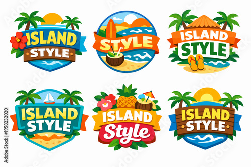 Island style logo set featuring tropical summer vacation symbols, beach elements, and sun, creating a holiday concept