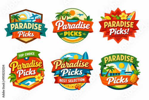 Paradise picks travel badges collection for tropical summer vacation and exotic tourism promoting