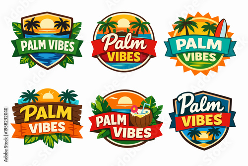 Collection of palm vibes summer logos and badges for beach club, tropical resort, vacation, and surfing concepts