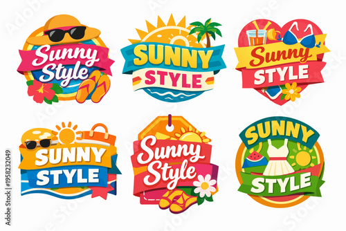 Sunny style badges collection featuring summer accessories and vacation elements for beach fashion and holiday concepts