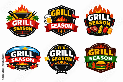 Collection of grill season badges featuring barbecues, cooking tools, food, flames, and banners for outdoor party concepts