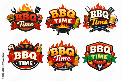 Bbq time collection: six grilling party badges with flames, food, and utensils for outdoor summer events