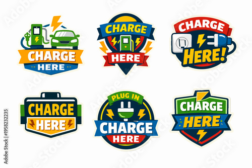Electric vehicle charging station and plug-in points, promoting eco-friendly energy and sustainable transportation labels