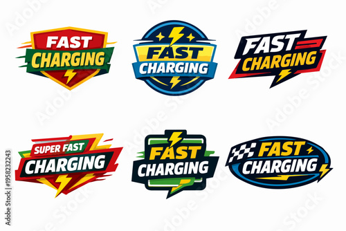 Fast charging vector logo collection emphasizing speed, power, and high-energy technology for electric vehicles and devices