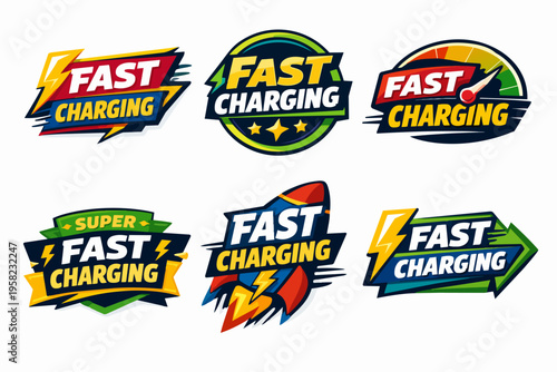 Collection of fast charging logos and badges representing quick power delivery and technology for electronic devices