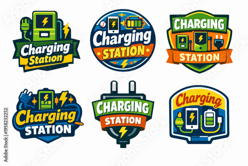 Charging station logos displaying electric car chargers, smartphone batteries, and power plugs for vehicle and device energy refill