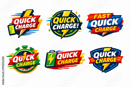 Collection of quick charge logos with fast charging speed icons for technology and power concepts