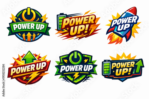 Power up stickers collecting various gaming and energy boosting icons like rockets, batteries, arrows, and lightning bolts