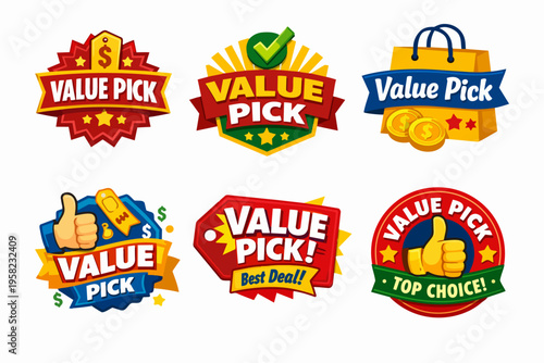 Value pick labels set including best deal badges, top choice tags, and discount shopping promotional emblems