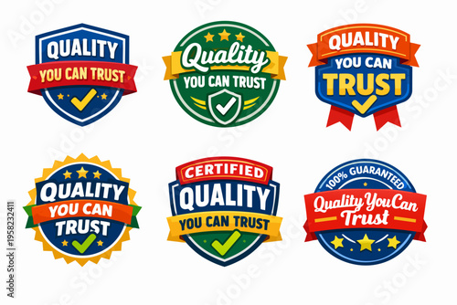 Quality and trust guarantee labels set. Different certified company product seals for reliable services