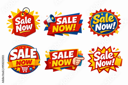 Various sale now! promotional signs and labels on a white background, offering discounts and special shopping deals