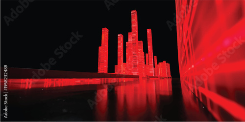 A red and black architectural illustration featuring a vector city skyline silhouette with tall skyscrapers and urban buildings under a dark sunset sky