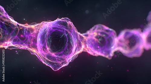 Microscopic purple cells connected by delicate filaments float in a dark space creating an abstract representation of life and science.