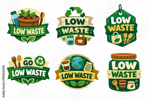 Low waste and zero waste product labels collection, promoting sustainable living, recycling, and eco-friendly choices