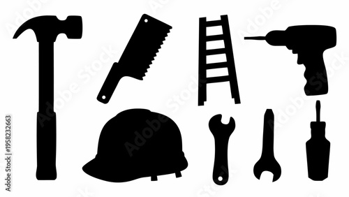 Construction tools and equipment icons set in black silhouette on white background for building and diy projects