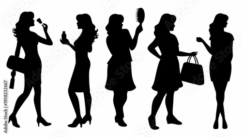 Fashionable women silhouettes engaging in beauty routines and leisure activities in various poses