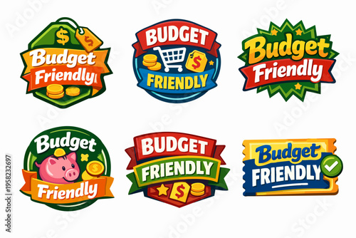 Collection of budget friendly labels and stickers offering discounts for value shopping and affordable prices