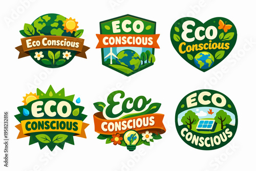 Eco conscious badge set symbolizing environmental protection, sustainability, green energy, care for nature, and earth day