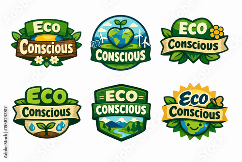Eco conscious badges collection featuring earth, plants, wind turbines, and solar panels for sustainability campaigns
